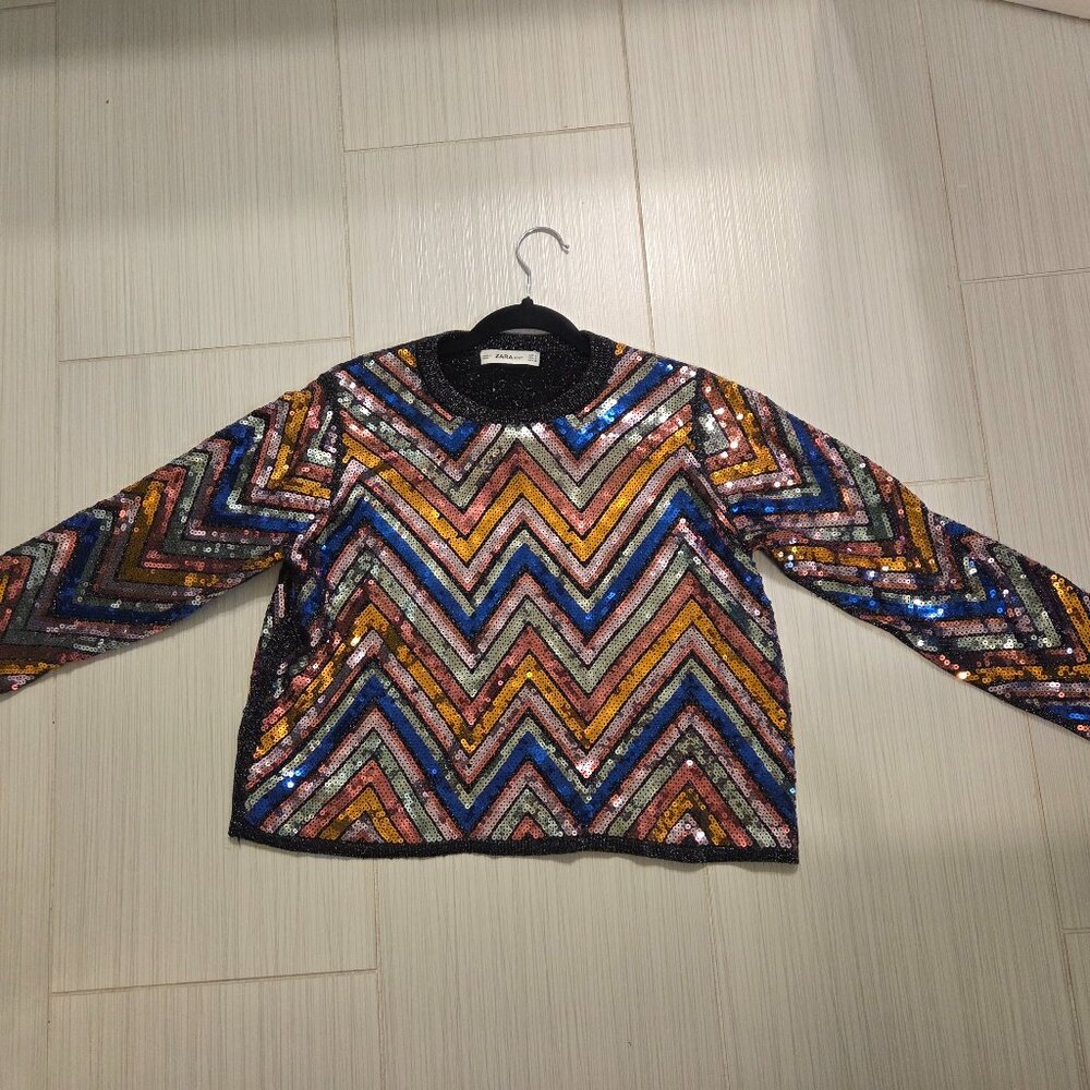 ZARA small, bedazzled sequin light sweater.